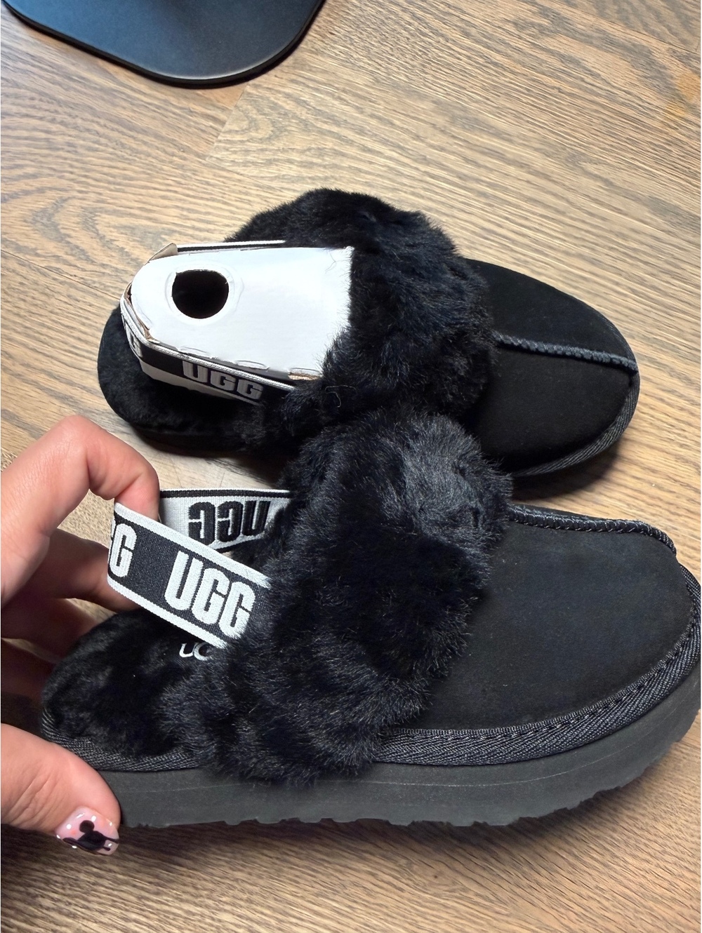 UGG Girls’ Black Fur Lined Slip-On Slippers with Elastic Back Strap